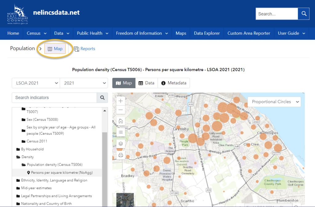 Screen shot of a map showing a proportional circles data plot.